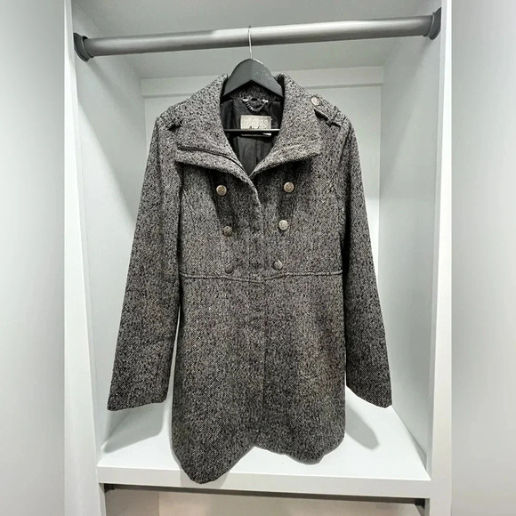 Vintage Guess Los Angeles black & white zip Pea Coat lined wool blend large - Picture 1 of 12